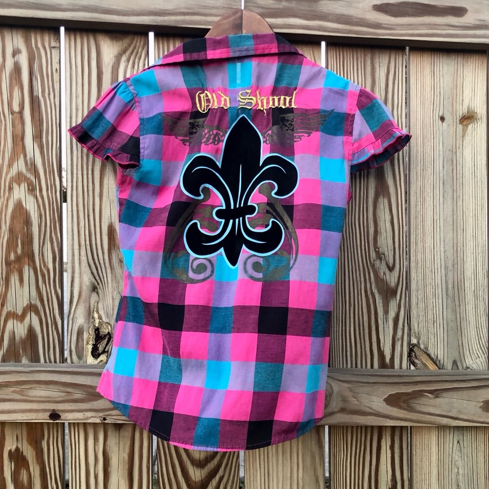 Y2K 90’s Old Skool Womens Shirt Plaid Ruffle Sleeve Sz. Small - Picture 10 of 13